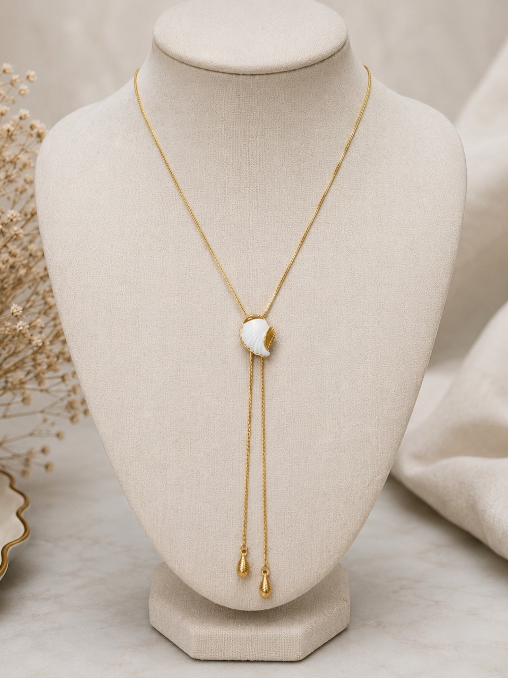 Vintage Gold Tone Shell Slider Lariat Necklace White Shell Adjustable Y Necklace
